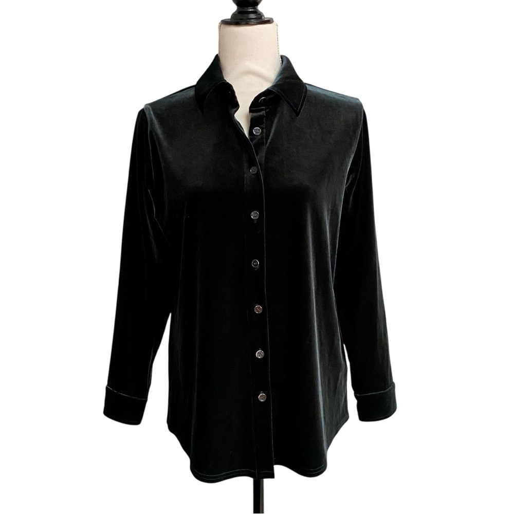 Soft Surroundings Black Stretch Velvet Button Down Shirt Petite XS Holiday